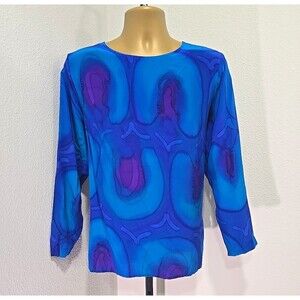 Aliki Yamani Handpainted Blue Silk Top Womens Med Artisian Creative Indie Luxe